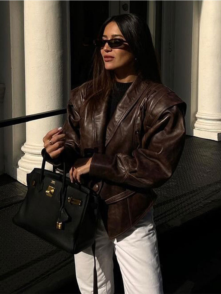 Veste en cuir olive pour femme
