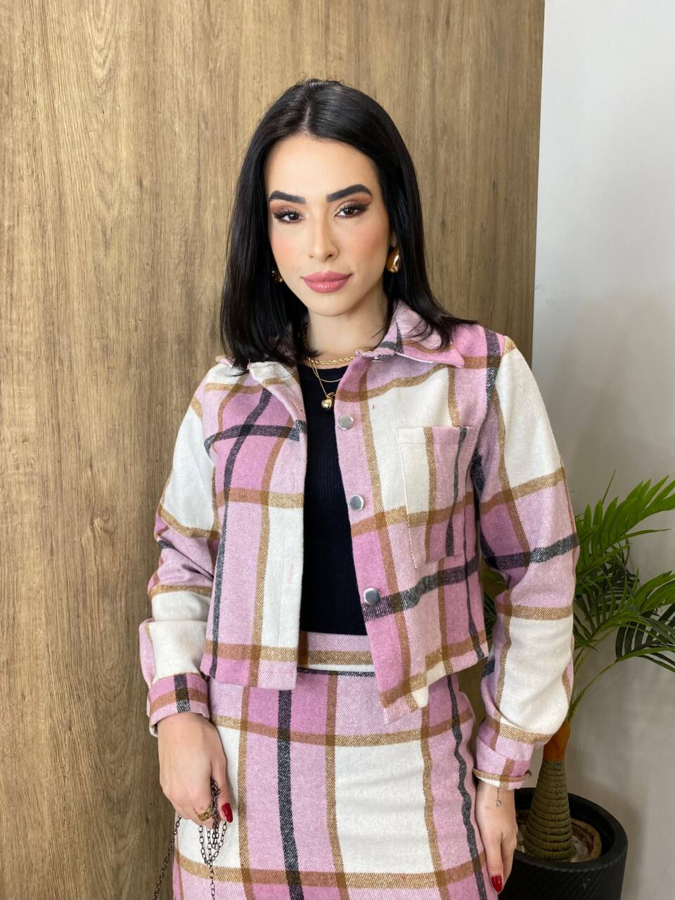 Conjunto Feminino Flanelado Beatriz Cropped et Saia Xadrez Lilás