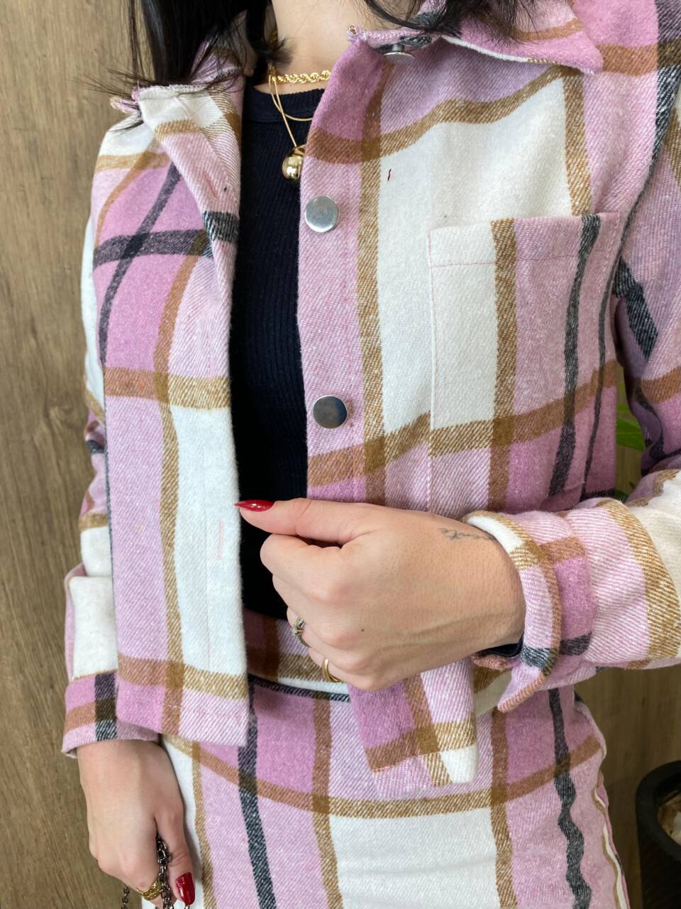 Conjunto Feminino Flanelado Beatriz Cropped et Saia Xadrez Lilás