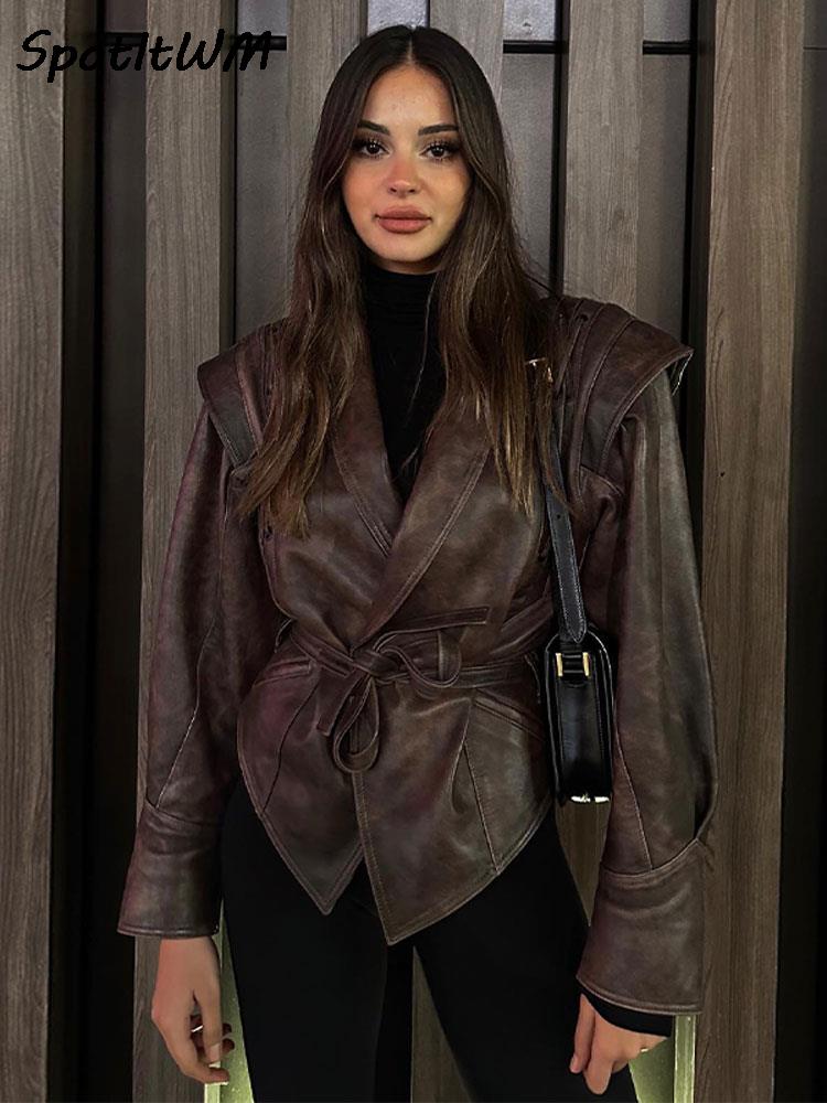 Veste en cuir olive pour femme