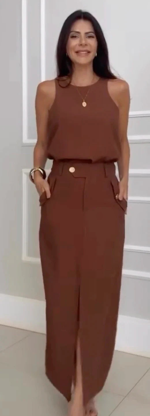 Conjunto Cléo | Blusa Cavada + Saia avec Fenda 