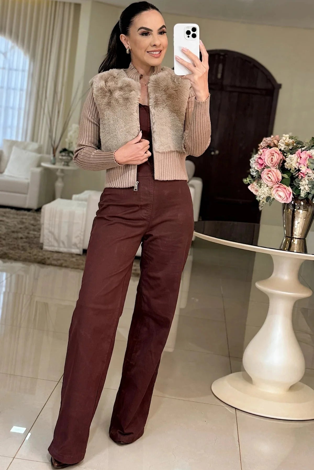 Manteau Shopie – Élégant tricot en fausse fourrure – Beige