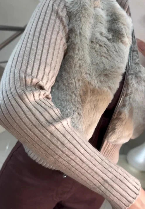 Manteau Shopie – Élégant tricot en fausse fourrure – Beige