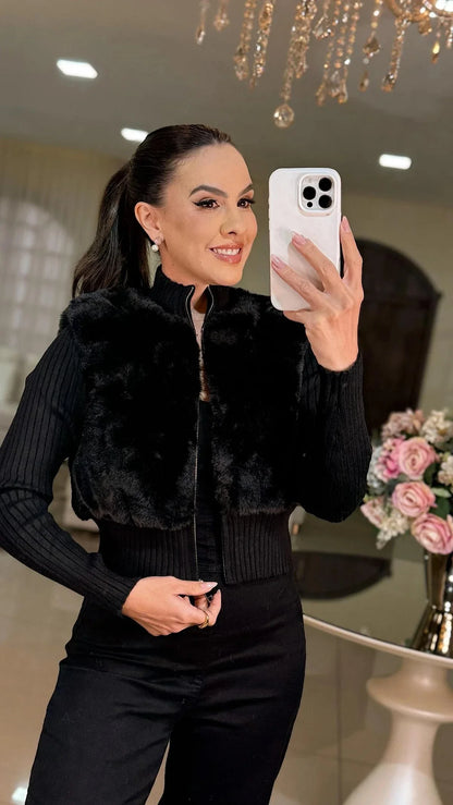 Casaco Sophie – Tricot avec Pele Sintética Premium - Preto