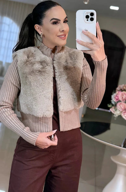 Manteau Shopie – Élégant tricot en fausse fourrure – Beige