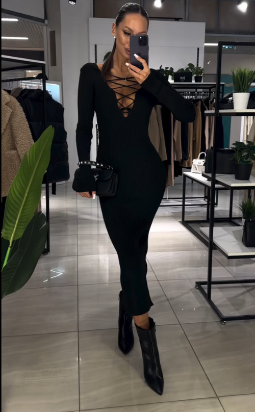 Robe Midi Preto Manga Longa 