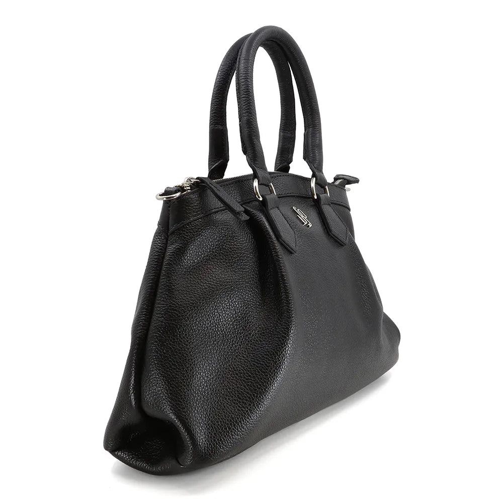 Bolsa Tote Preto Couro Legítimo Detalhe Franzido