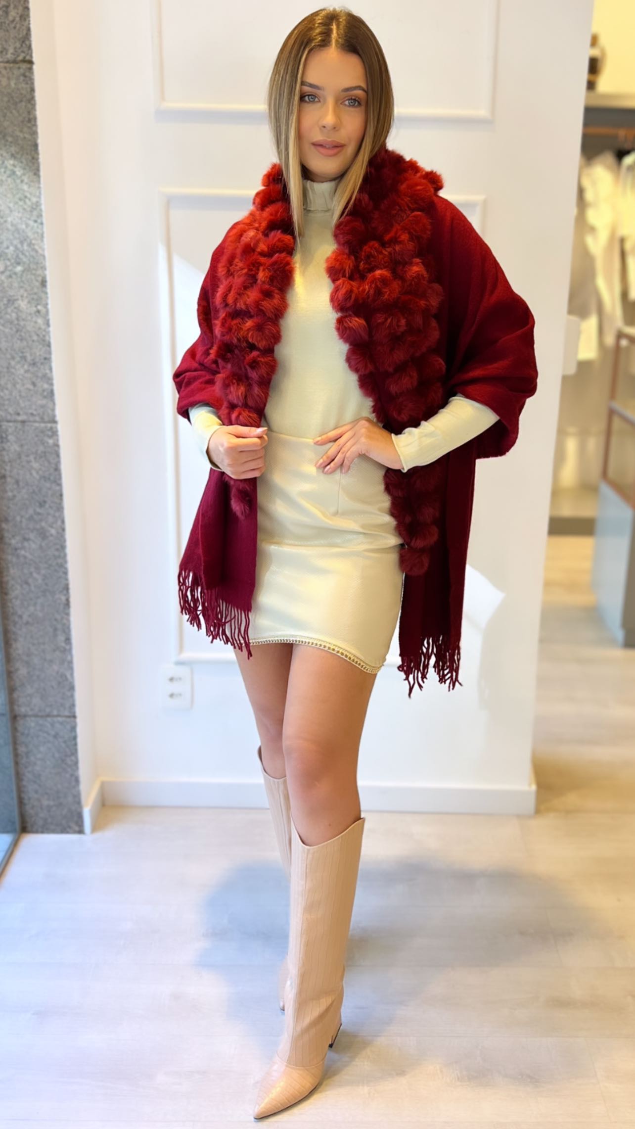 Pashmina Bourgogne avec Pompons