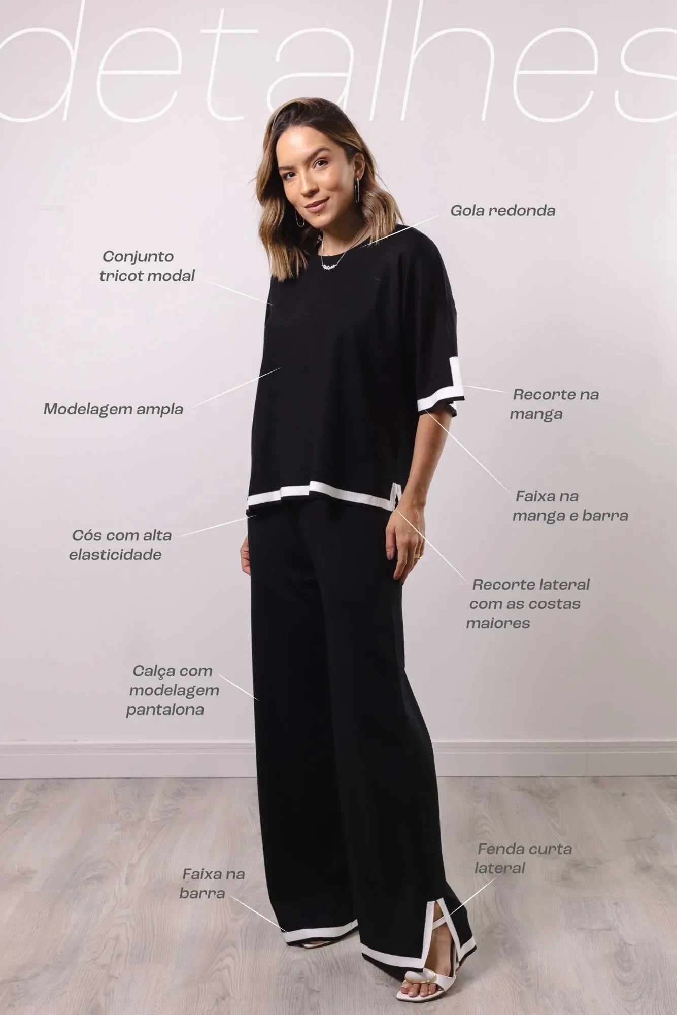 Conjunto Feminino Tricot Modal Blusa Oversize et Calça Wide avec Fenda 
