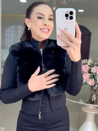 Casaco Sophie – Tricot avec Pele Sintética Premium - Preto