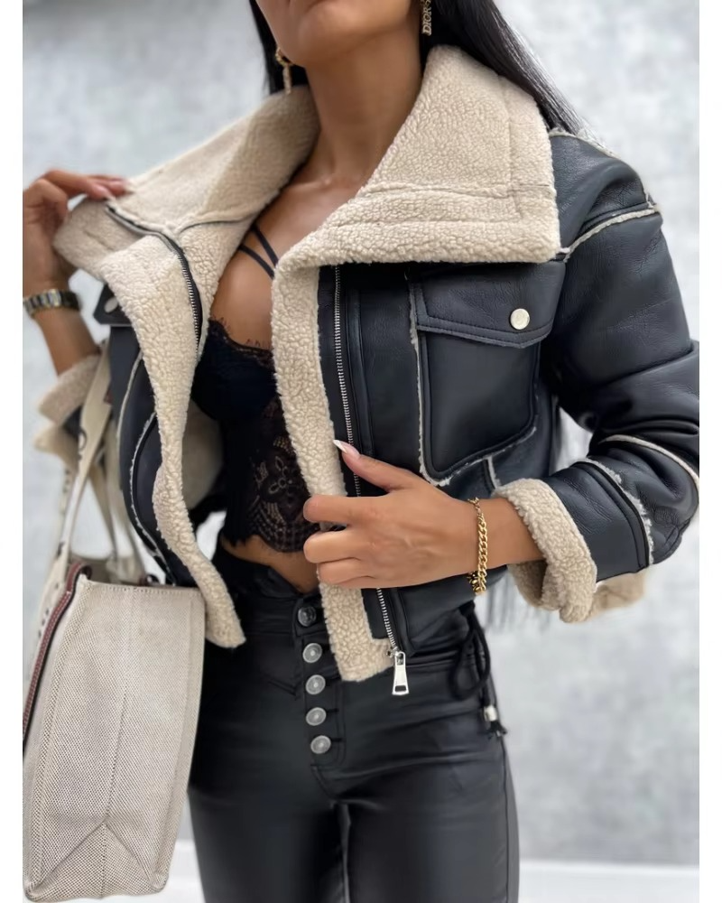 Jaqueta Aviador Feminina de Couro avec Forro de Lã 