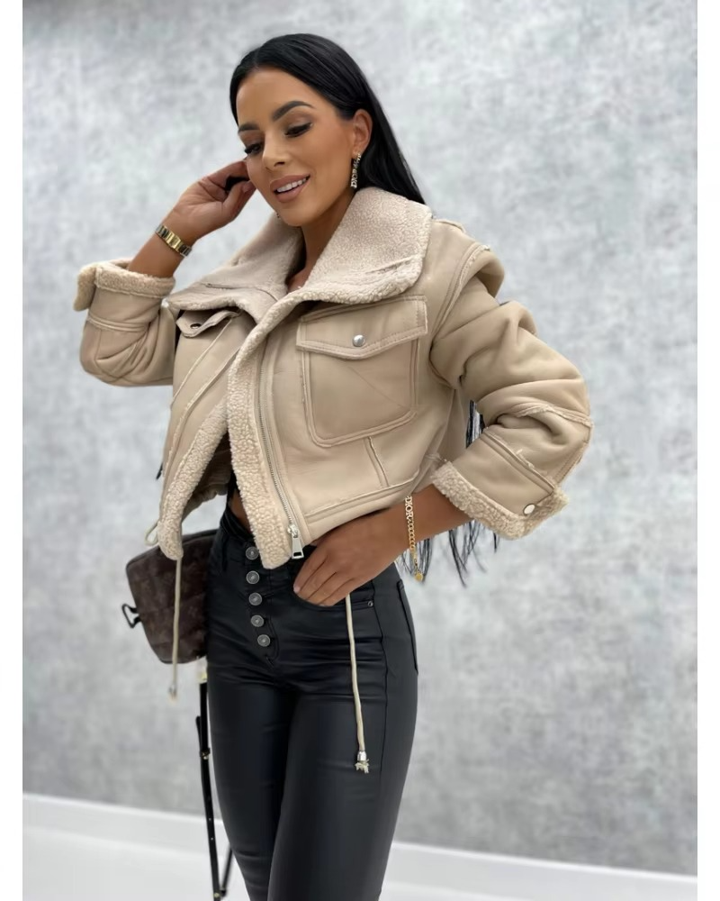 Jaqueta Aviador Feminina de Couro avec Forro de Lã 