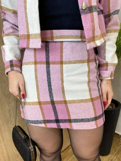 Conjunto Feminino Flanelado Beatriz Cropped et Saia Xadrez Lilás 