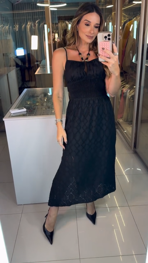 Vestido Midi em Laise Preto 
