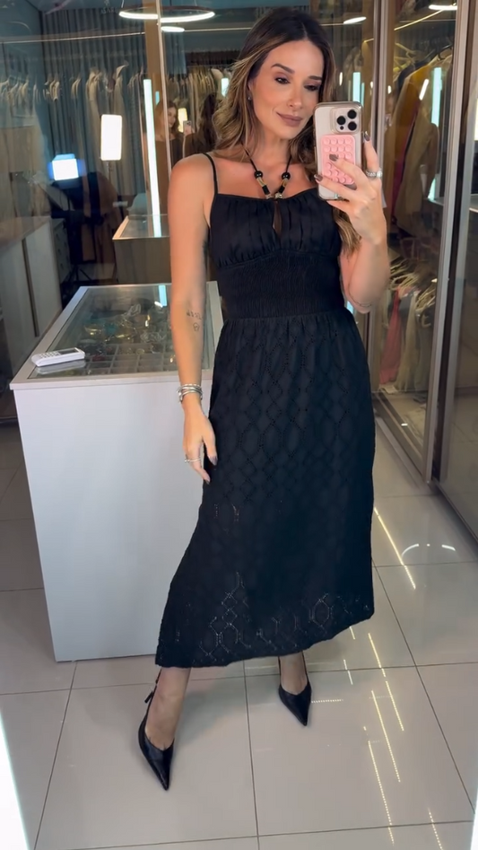 Vestido Midi em Laise Preto 