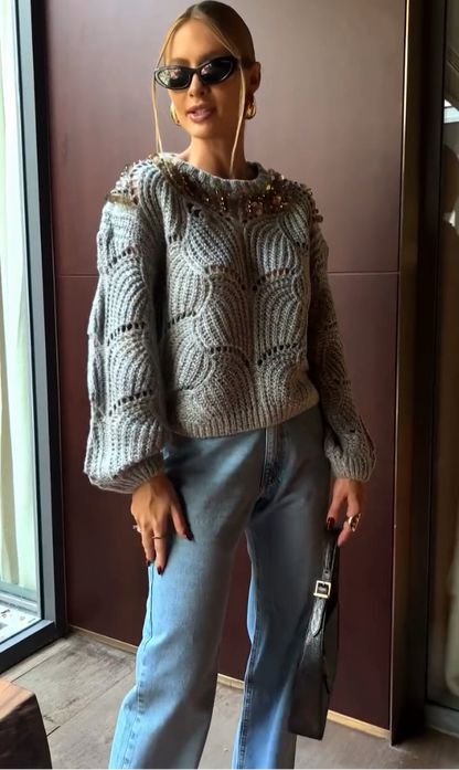 Suéter Tricot Cinza avec Bordado de Paetês