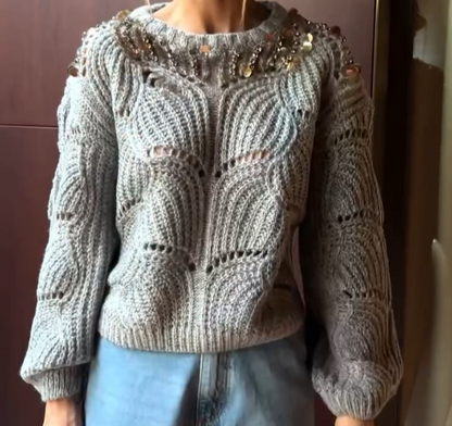 Suéter Tricot Cinza avec Bordado de Paetês