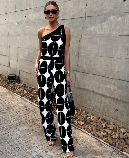 Macacão Ombro Único Estampa Geométrica